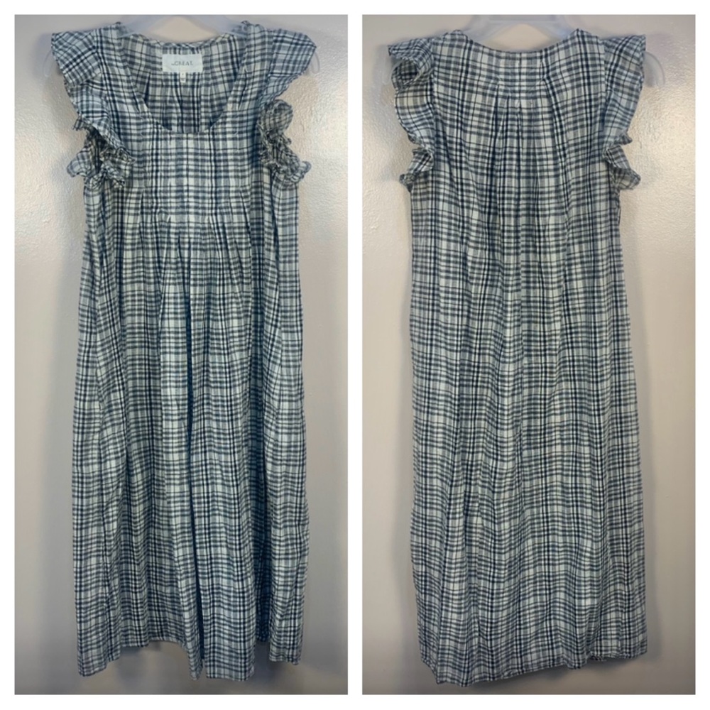 The GREAT. Gingham Cotton Linen Midi Dress